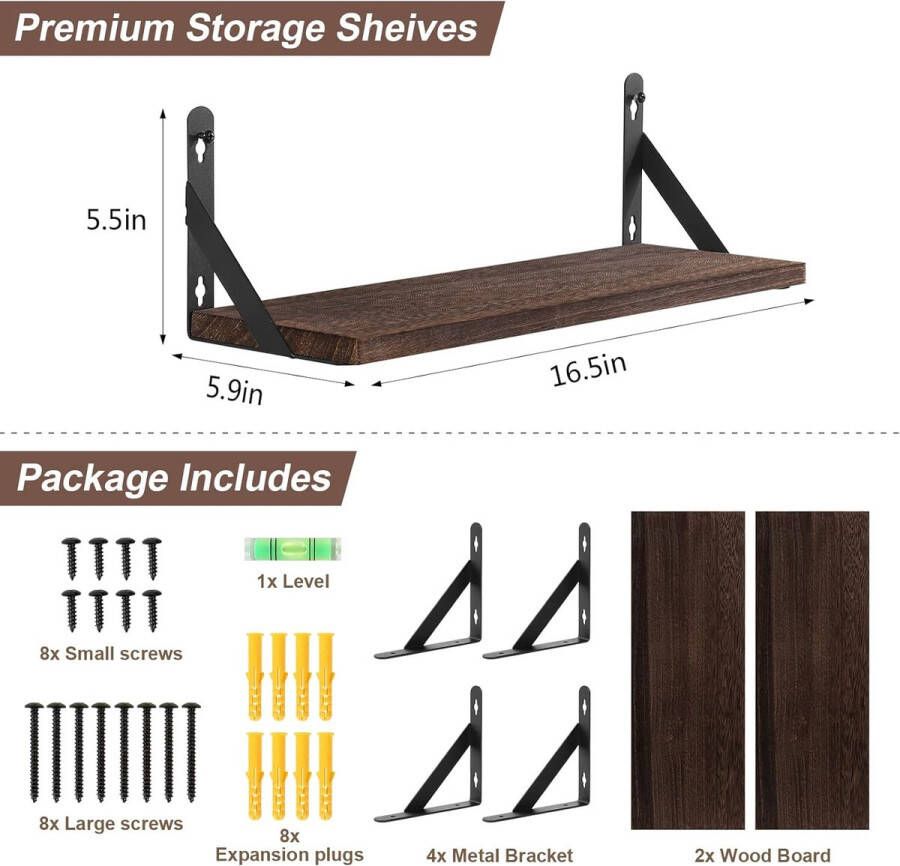 Zwevend rek rustiek wandrek vintage 42 cm set van 2 voor slaapkamer woonkamer keuken kantoor badkamer vintage bruin - Foto 2