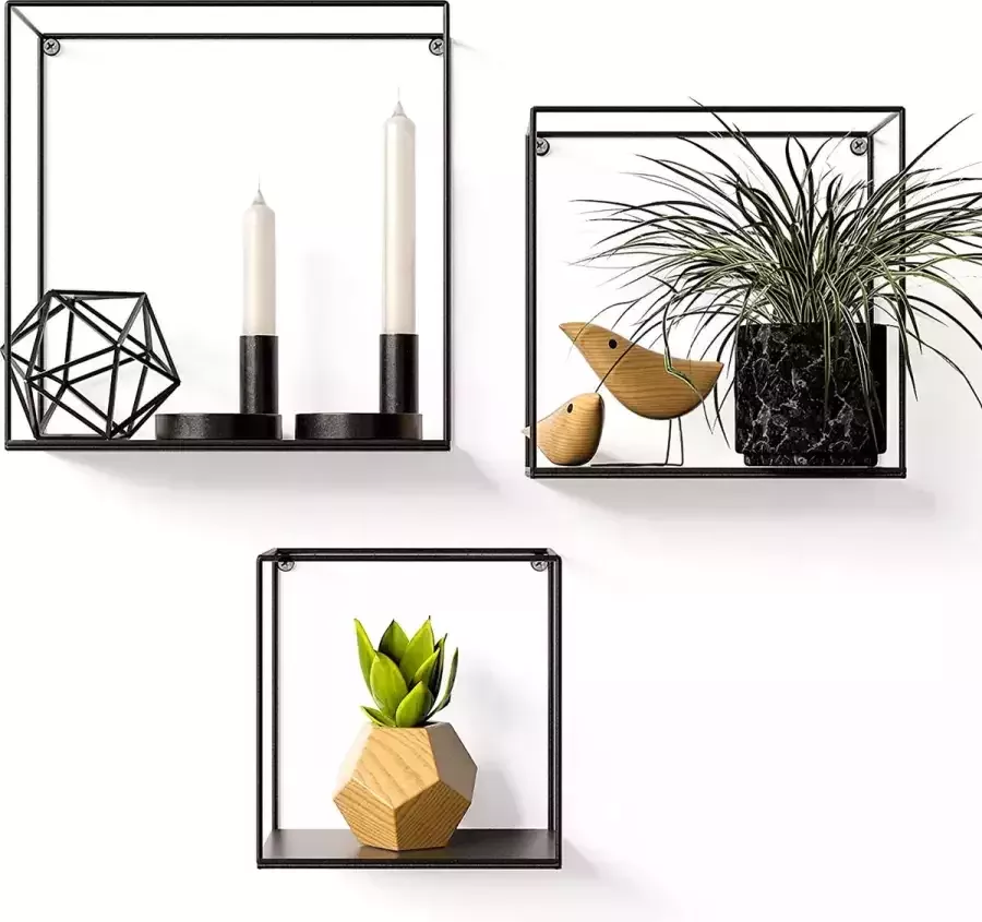 Industrieel Wandrek Metaal Set van 3 Verschillende Formaten Decoratieve Wandkastjes Zwart Wanddecoratie