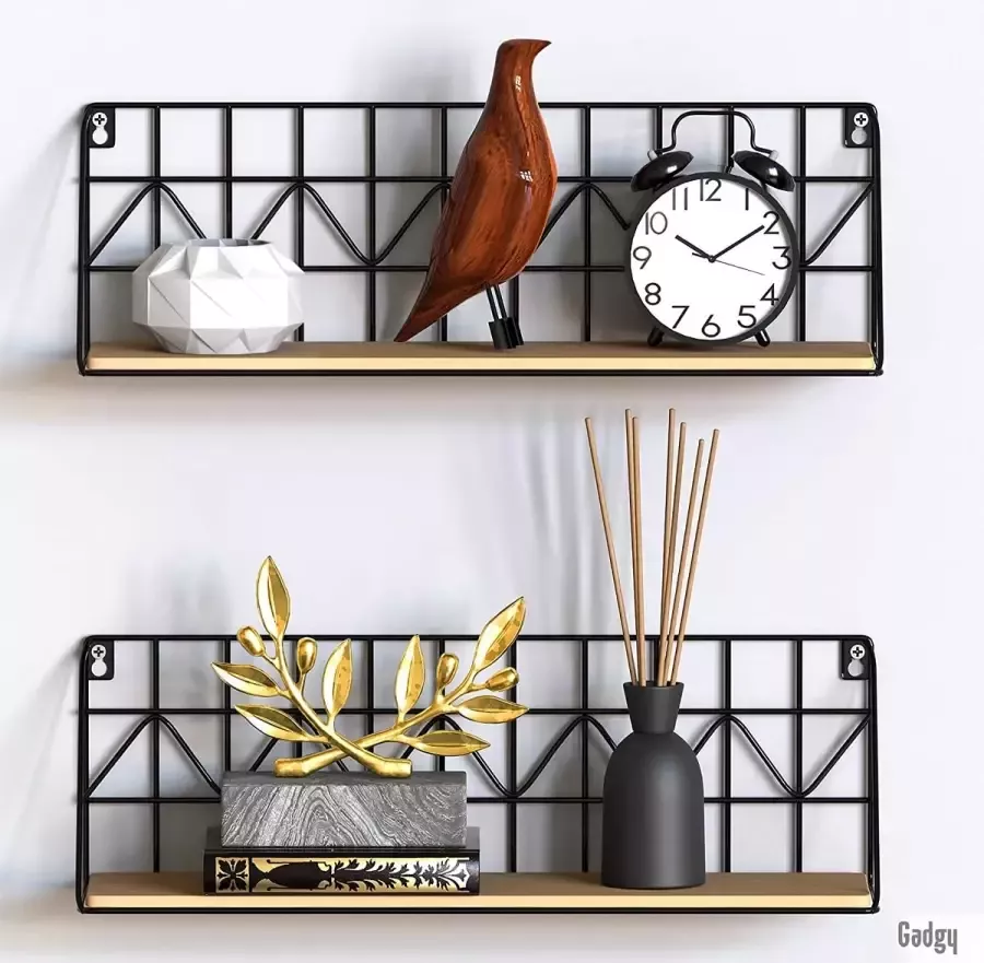 Wandrek Zwart Metaal & Hout Zwevend Boekenrek Set van 2 45 x 12 x 15 cm