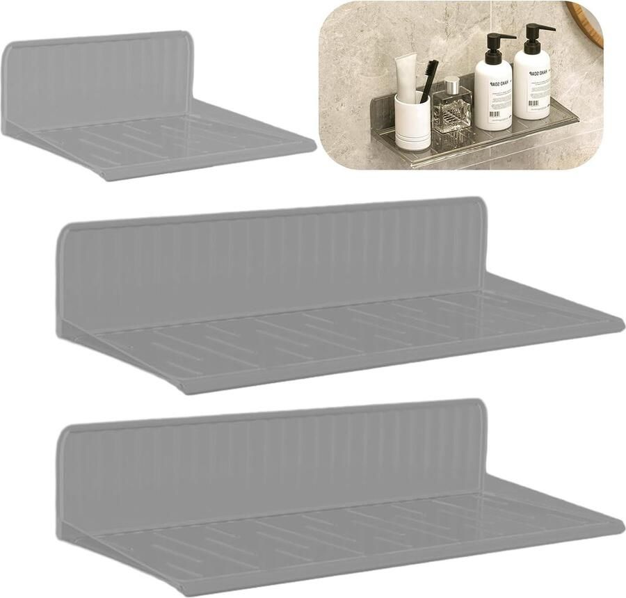 Zwevend rek zonder boren set van 3 wandrek grijs zwevend rek zelfklevende planken voor fotolijsten en boeken woonkamer slaapkamer badkamer keuken grijs