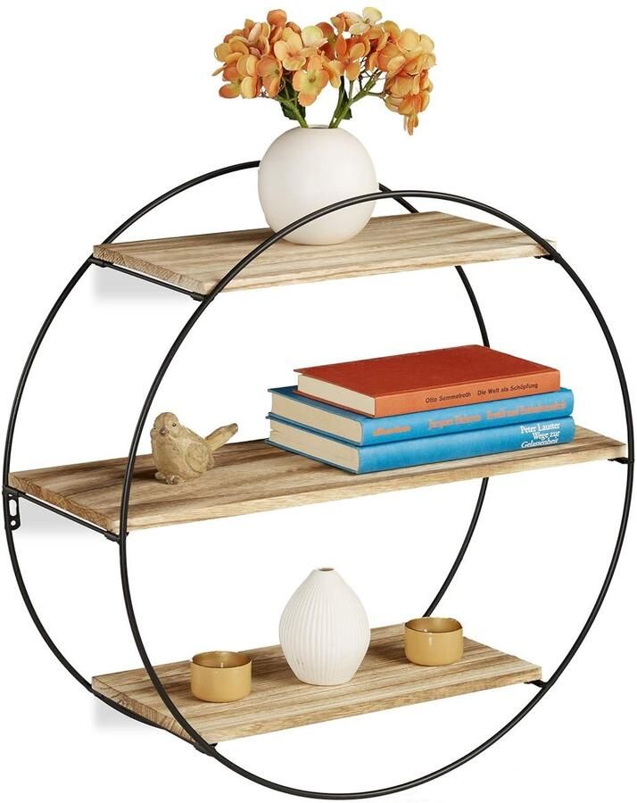 Zwevend rond wandrek vintage look 1 stuk zwart en hout