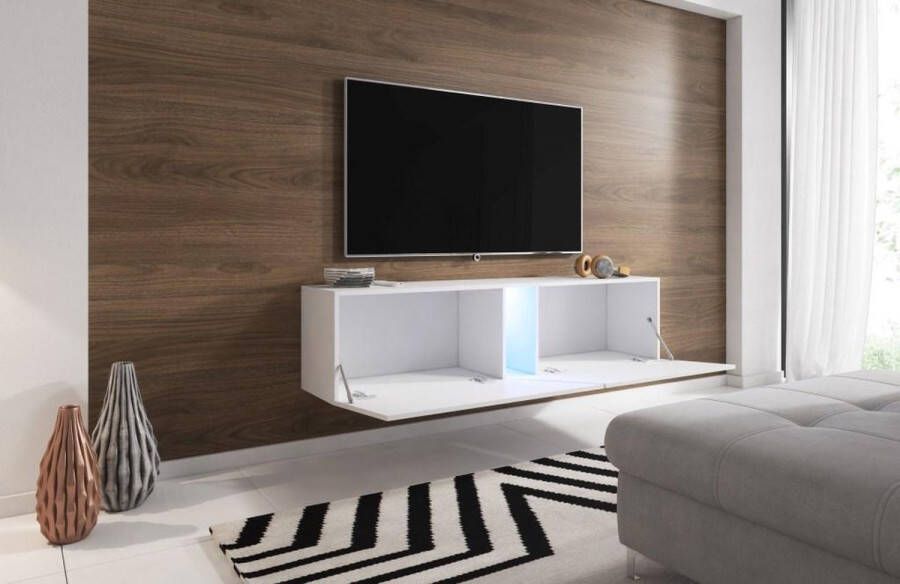 Zwevend Tv Meubel 160 cm Hoogglans Wit – Hangend TV meubel met Led Verlichting – Witte TV Kast Clean Design