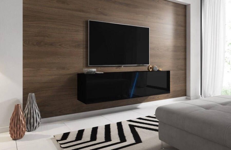 Zwevend Tv Meubel Hooglans Zwart – Hangend TV meubel met Led Verlichting – Zwarte TV Kast Clean Design