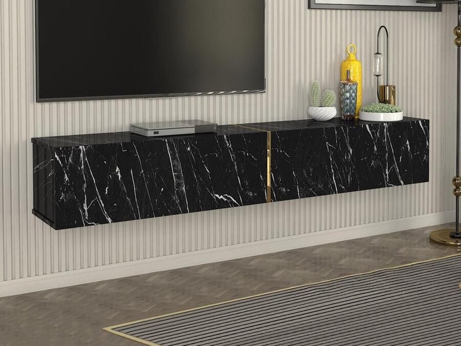 Vente-unique Zwevend tv-meubel met 2 deurtjes Zwarte marmerlook DINOMA L 181.8 cm x H 30 cm x D 31.7 cm - Foto 2