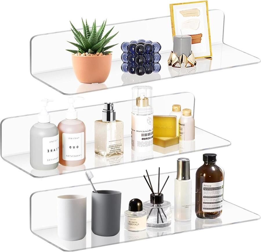 Zwevend wandplanken rek 3 stuks wand breedte 30 cm acryl transparant badkamer woonkamer slaapkamer drijvend industrieel decor zonder boren