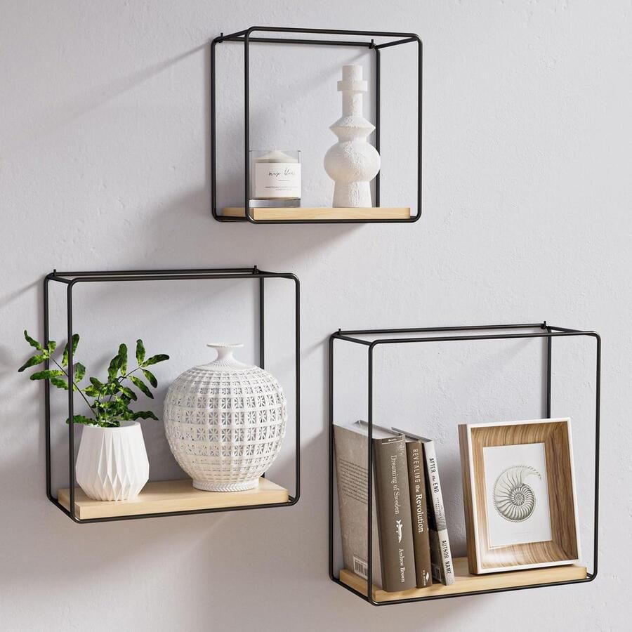 Zwevend metalen wandrek wanddecoratie voor woonkamer en kantoor 3 stuks zwart bamboe