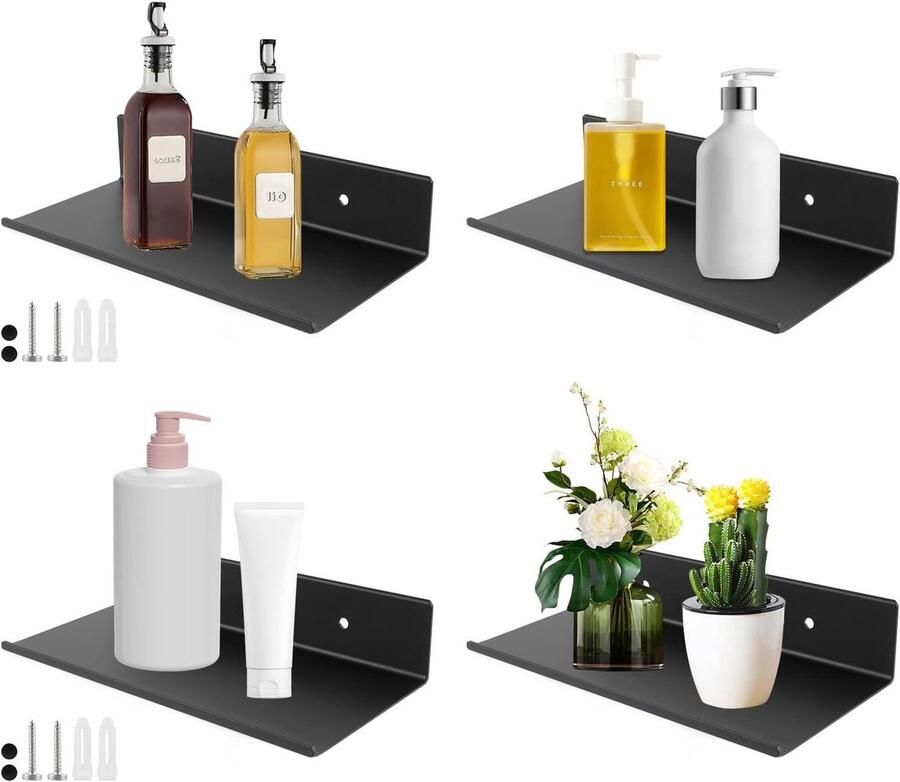 Wandrek zonder boren Set van 4 stuks (20 cm) zwart metalen zwevend rek voor keuken badkamer kantoor en woonkamer