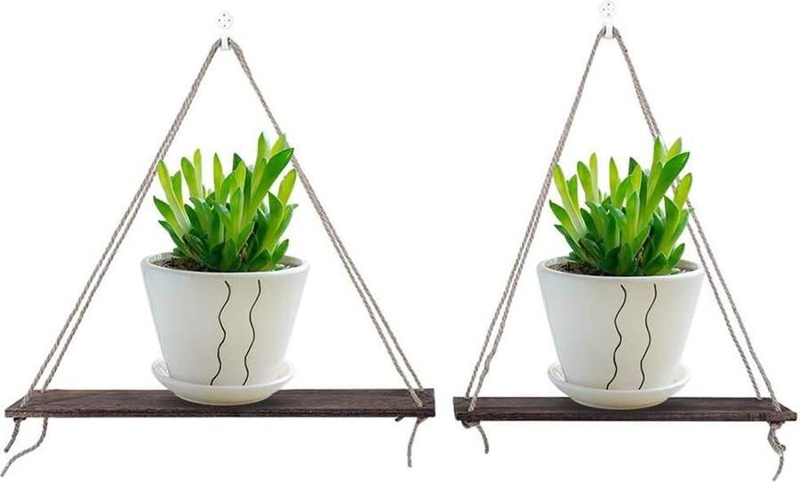 Drijvende Planken Muur Opbergrek Sling Touw Plant Bloempot Woondecoraties Woonkamer Opslag Rekken Genericer Houten Slaapkamer Keuken 2 stuks Antieke Kleur