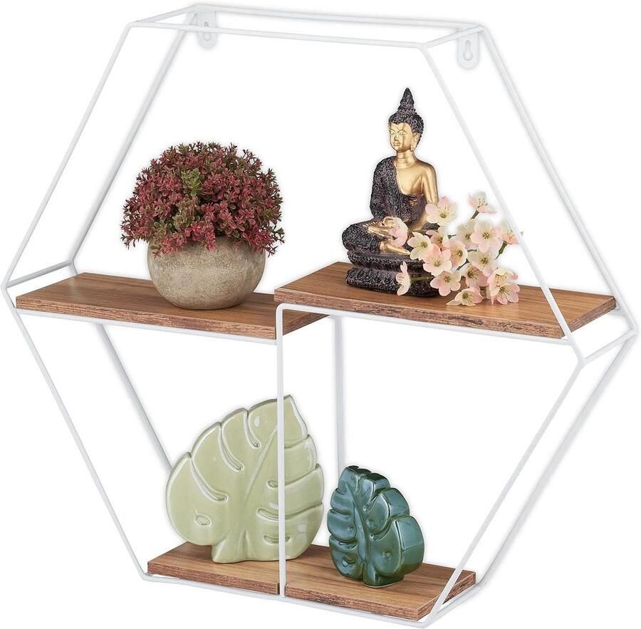 Zwevend Wandrek Hexagonaal Design 1 stuk Wit Bruin MDF & Metaal 45 x 51 5 x 10 cm