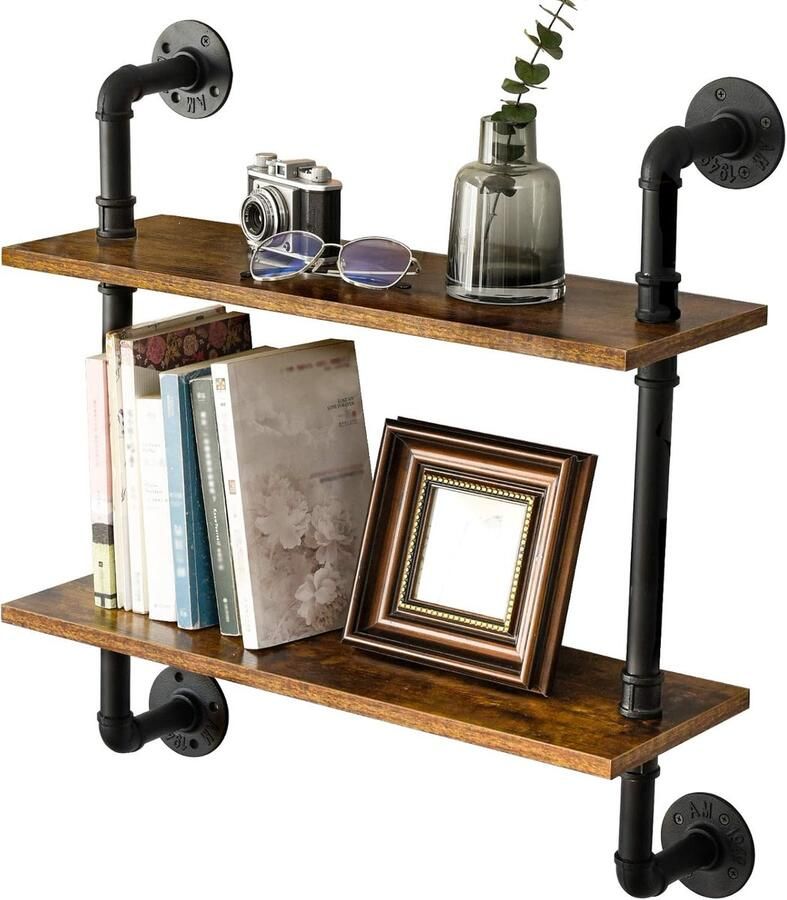 Zwevend wandrek industrieel design 3 niveaus rustiek bruin 60 x 20 x 65 5 cm
