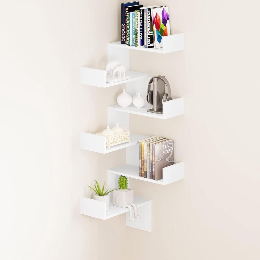 Zwevend Wandrek met 6 Niveaus Modern Wit Hoekplank voor Boeken en Decoratie
