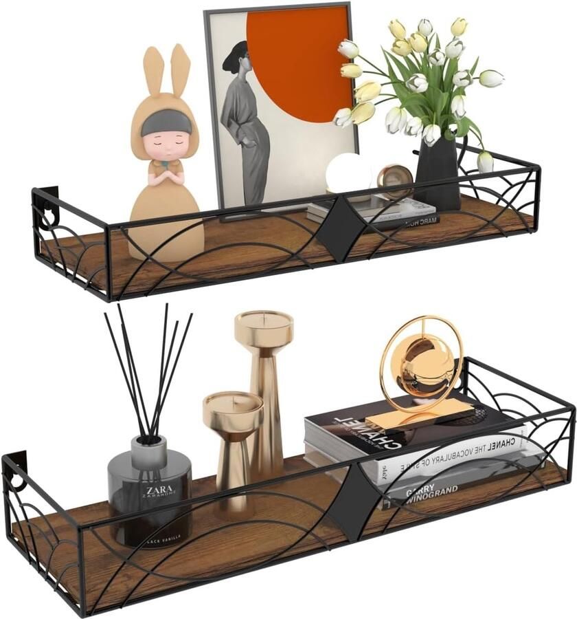 Zwevend wandrek met metalen staven en houten plank Rustieke wandplank voor keuken badkamer slaapkamer woonkamer kantoor (2 stuks)