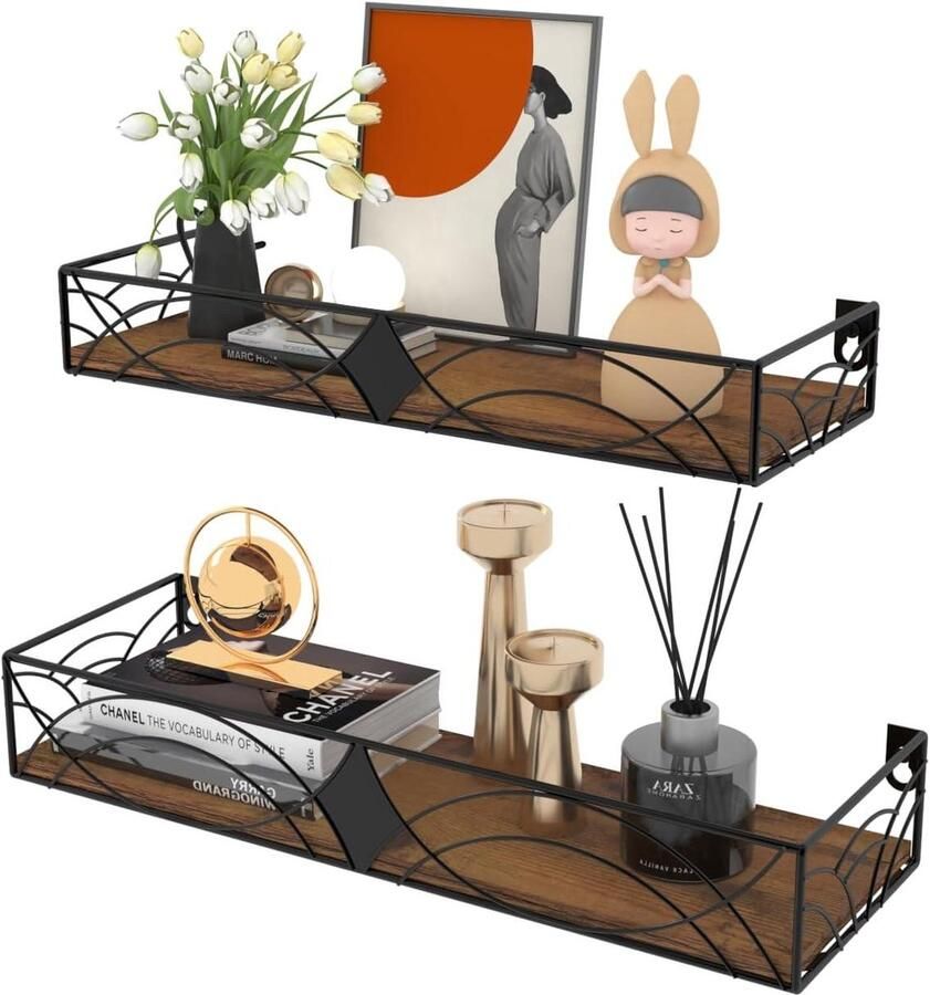 Zwevend wandrek rustiek design 2 stuks hout en metaal