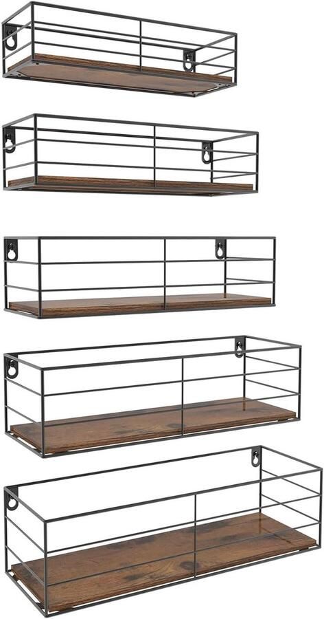 Zwevend Wandrek Rustiek Hout en Zwart Metaal Set van 5