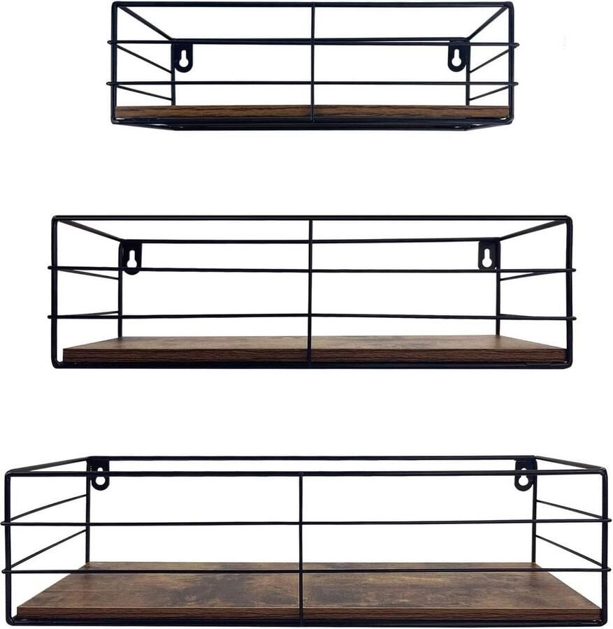 Wandrek set van 3 zwevende planken met rustieke houten plank en zwart metaal keuken badkamer woonkamer kantoor