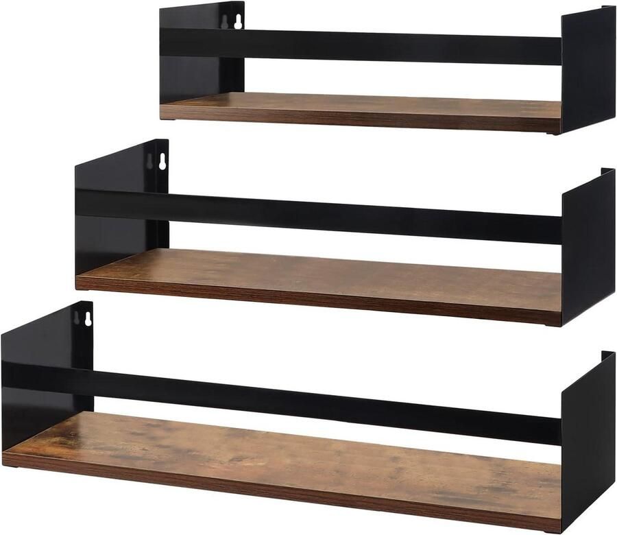 Zwevend wandrek set van 3 rustieke houten plank zwart metaal keuken badkamer 60 cm