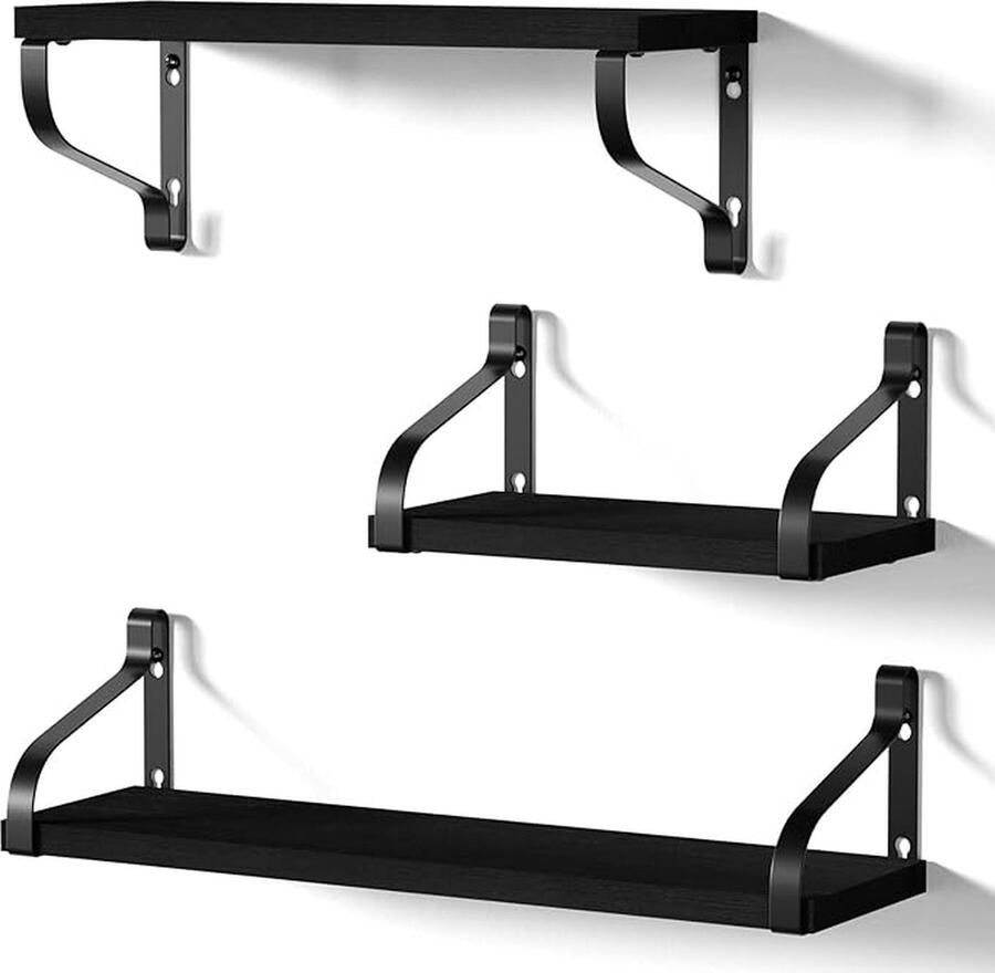 CLORD Zwevend wandrek van zwart hout bestaande uit een set van drie U-vormige planken van 43 33 en 23 cm lengte. Ideaal voor in de keuken kinderkamer woonkamer of badkamer