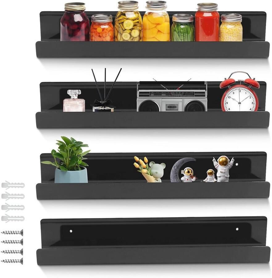 Zwevend Wandrek Set van 4 Zwart Hangrek voor Woonkamer Badkamer Keuken en Kantoor (38 x 10 x 5 cm)