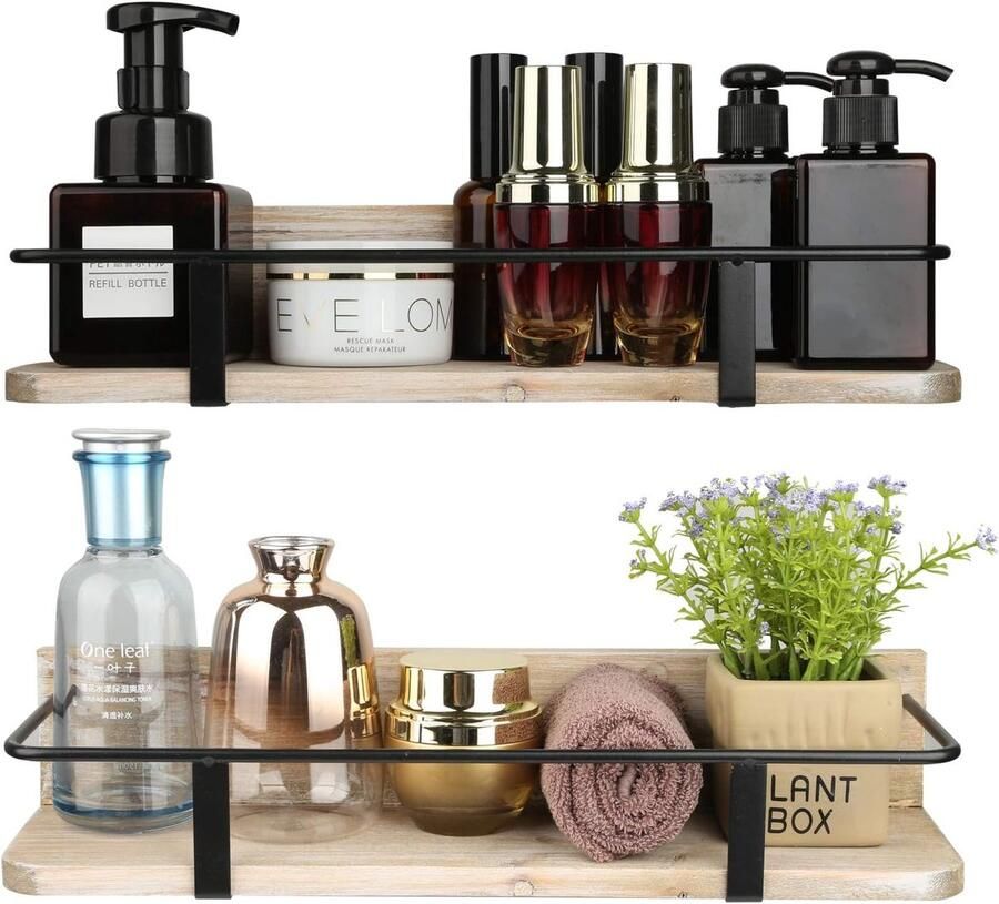 Zwevend wandrek van hout decoratief en praktisch set van 2 grijs hout