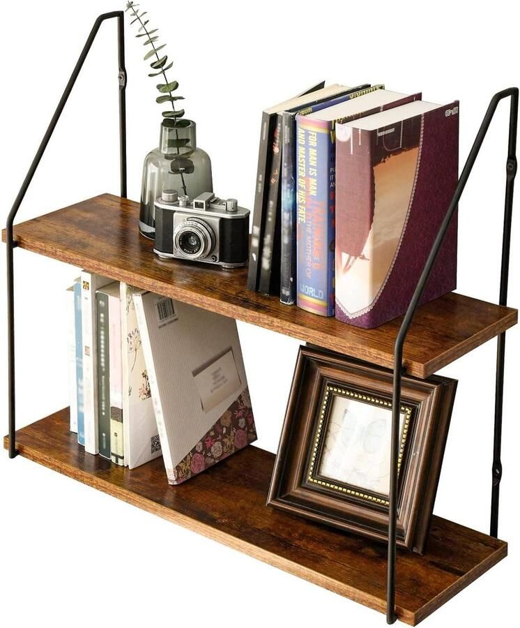 Zwevend wandrek van hout en metaal 60 x 205 x 53 cm 2 niveaus industriële stijl voor woonkamer en keuken rustiek bruin Wandplanken & -rekken