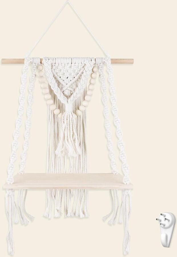 Zwevend Wandrek van Macramé Decoratief en Praktisch 1 stuk Beukenhout en Katoenen Touw