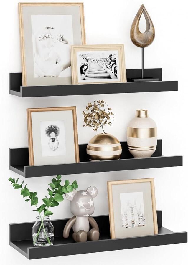 Zwevend wandrek van MDF-hout set van 3 40 cm Industrieel design Geschikt voor werkkamer woonkamer en keuken (zwart)