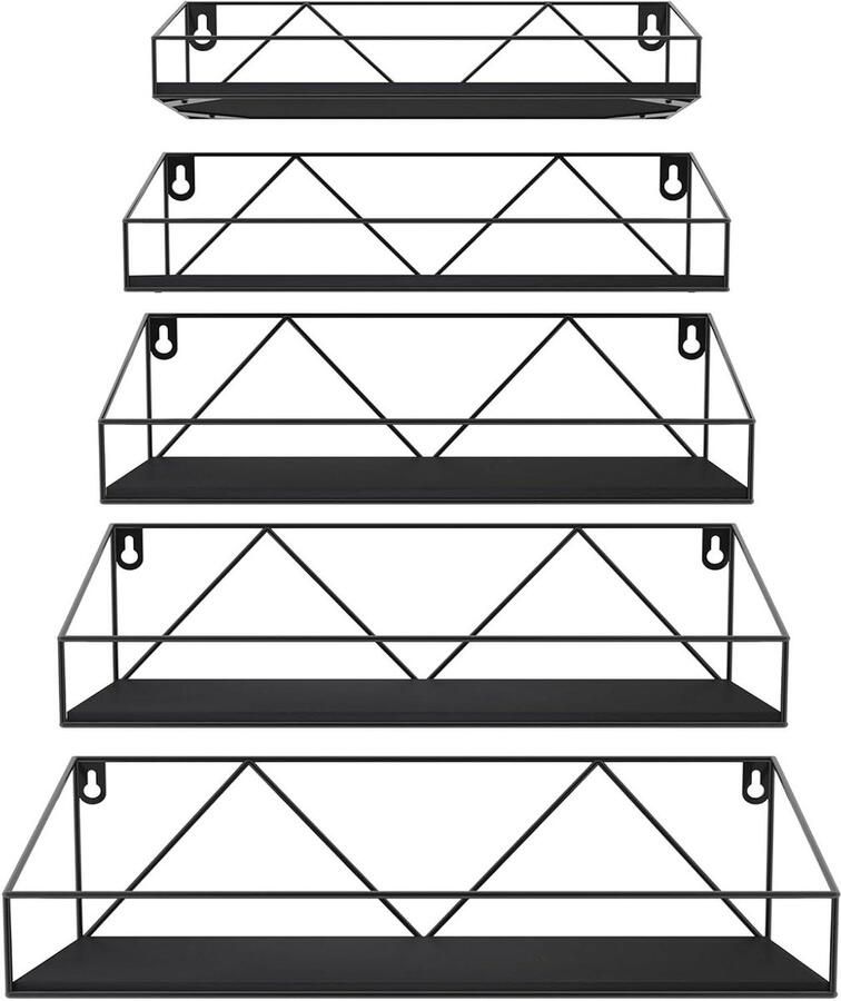 Zwevend wandrek van zwart hout en trapeziumvormig wandrek met metalen frame 5-delig zwart geschikt voor woonkamer slaapkamer badkamer kantoor