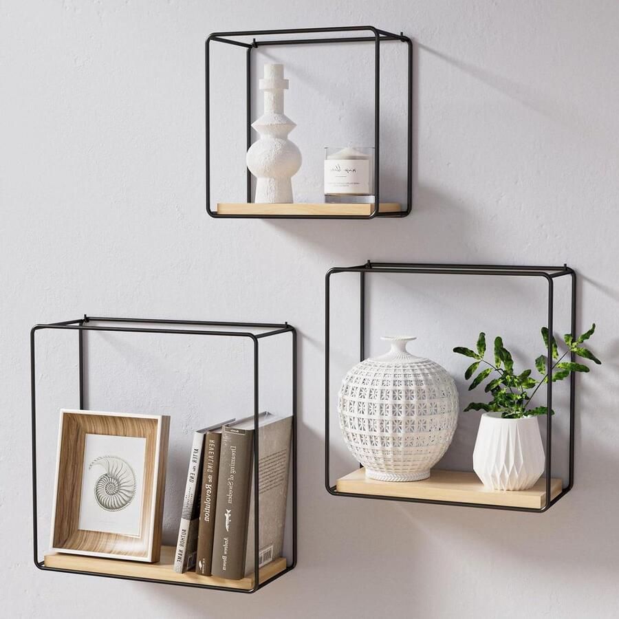 Zwevend wandrek van zwart metaal en bamboe 3 maten voor woonkamer keuken slaapkamer en kantoor - Foto 2