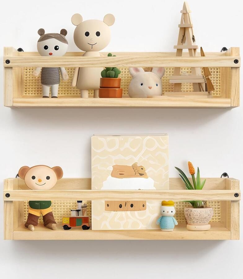 Zwevend Wandrek voor Kinderkamer Set van 2 Houten Boekenrek in Rotan Stijl Multifunctioneel Organizer Rek voor Keuken Badkamer en Woonkamer