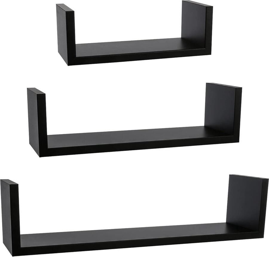 Zwevend Wandrek Zwart Decoratief Planken Set van 3 (42x10x10cm 32x10x85cm 22x10x77cm) met Onzichtbare Fixatie
