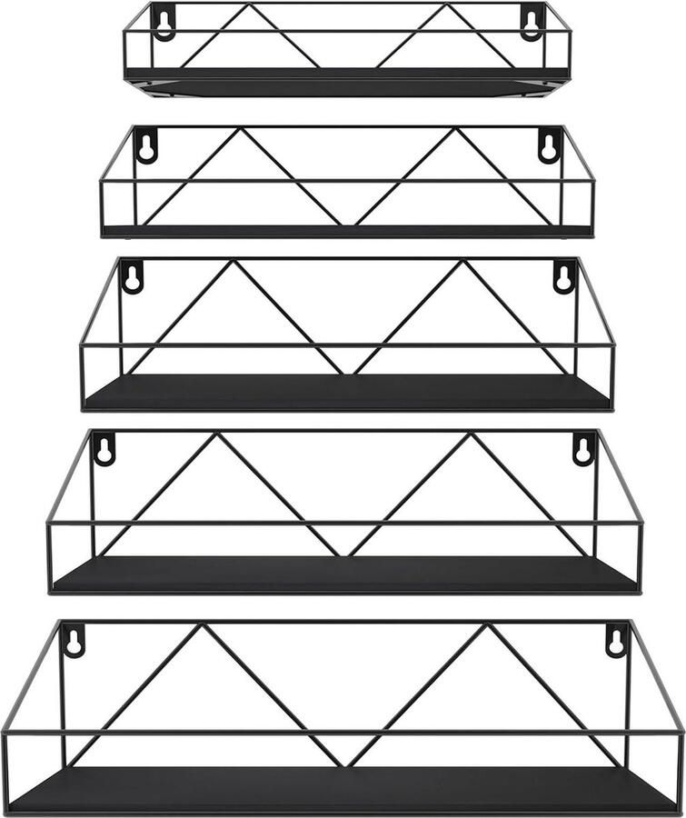 Zwevend wandrek zwart hout en metaal geschikt voor elke ruimte 5-delig