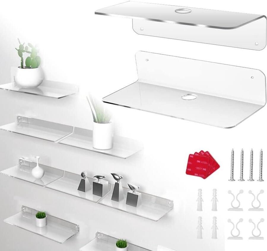Zwevende acrylplanken Zelfklevend en boorvrij Set van 2 Duidelijke wandmontageplank Ideaal voor badkamer kantoor en thuis Afmetingen: 229 * 95 * 55