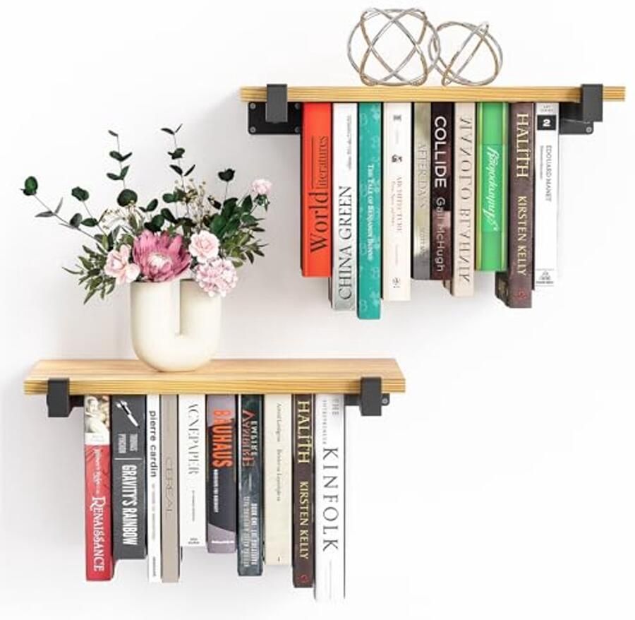 Zwevende Boekenplank Set van 2 Onzichtbare Houten Wandplanken voor Muur Ruimtebesparende Boekensteunen