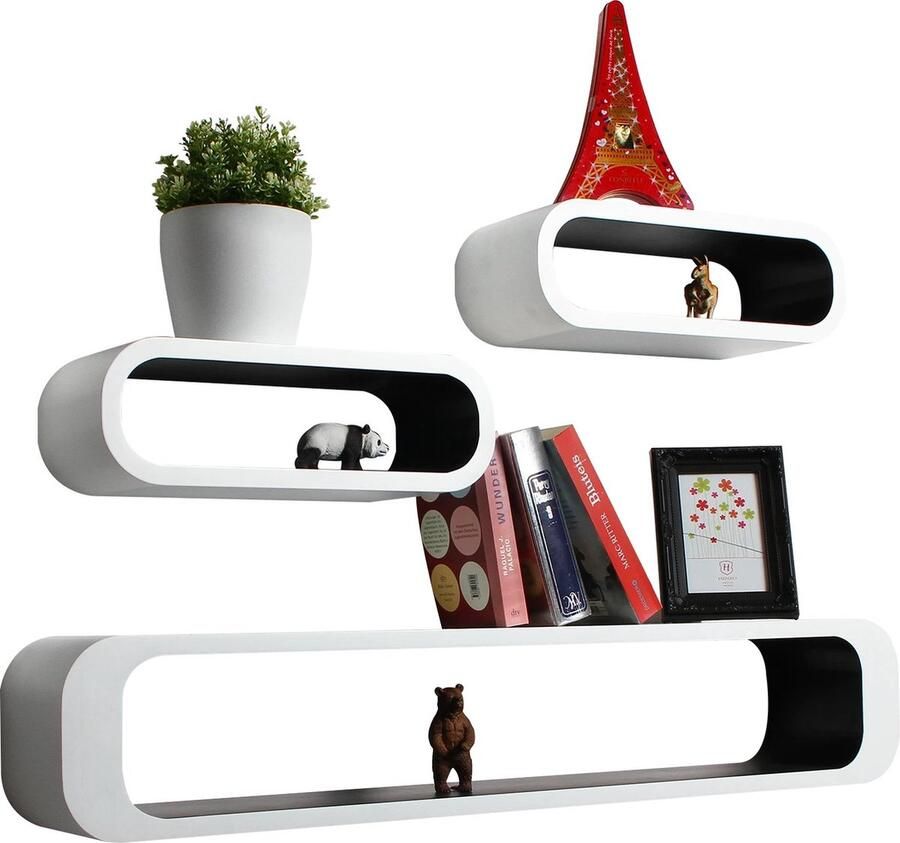 Jake Boss Life Tools Zwevende boekenplank Wandplank Wandrek Boekenrek Set van 3 stuks Wit zwart 1 stuk 95 x 17.5 x 16 en 2 stuks 40 x 13 x 16