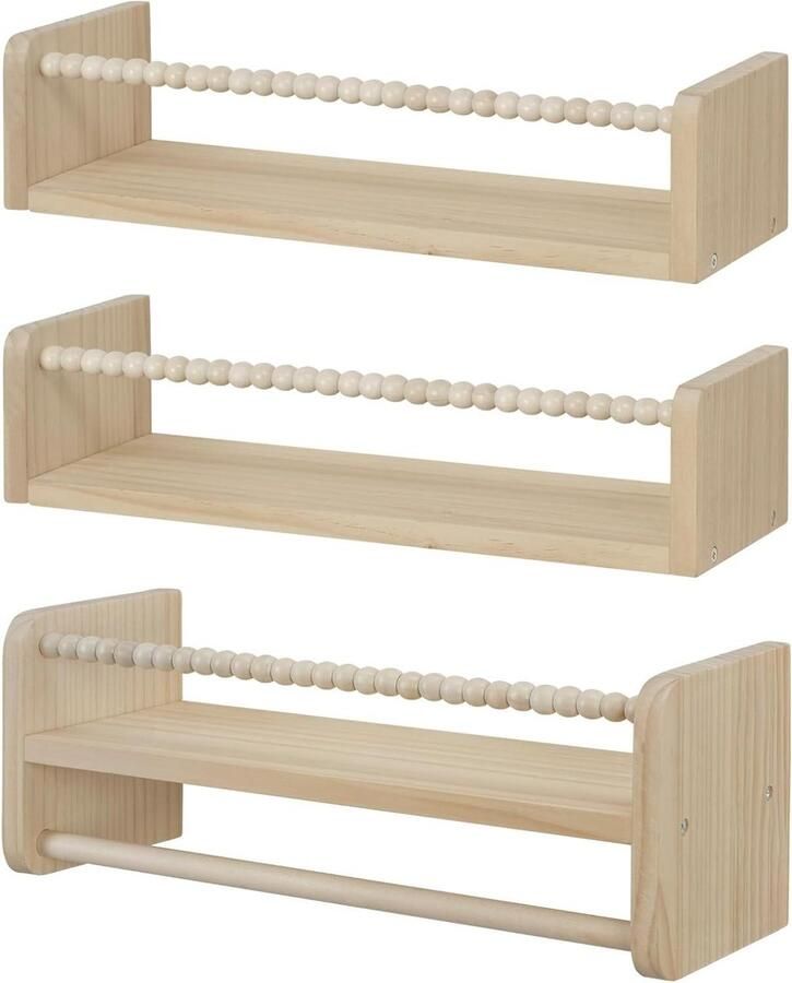 Zwevende boekenplanken 40 cm set van 3 wandgemonteerde kinderboekenplank van massief hout kinderkamerdecoratie met kralen Boekenkast kind