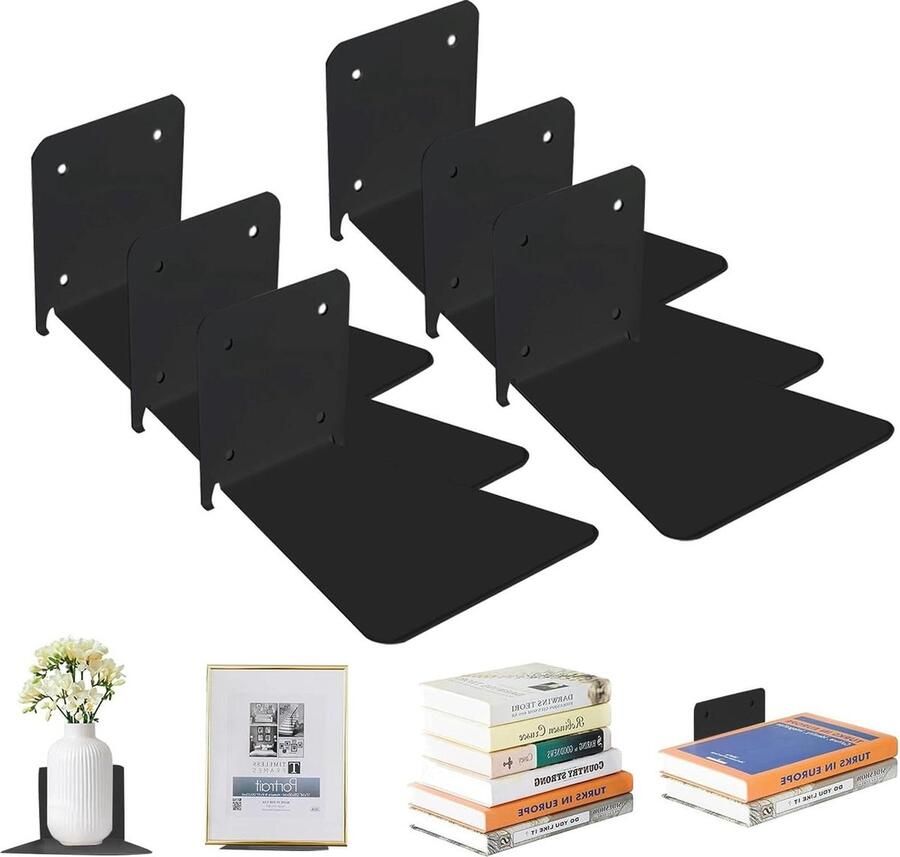 Zwevende boekenplanken ijzeren wandplanken onzichtbare wandmontage multifunctionele planken voor thuis kantoor klaslokaal bibliotheek zwart set van 6 stuks Boekenplank
