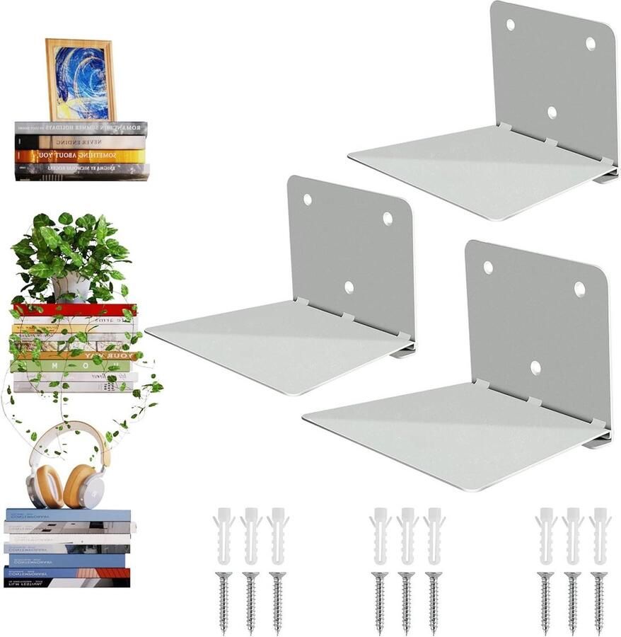 Zwevende boekenplanken metalen wandgemonteerde boekenkast set van 3 grijs voor slaapkamer woonkamer