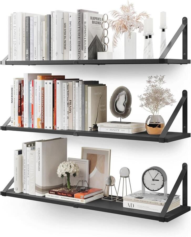 Zwevende Boekenplanken Set van 3 80 cm x 20 cm Rustiek Zwart Hout met Metalen Beugels voor Wandmontage