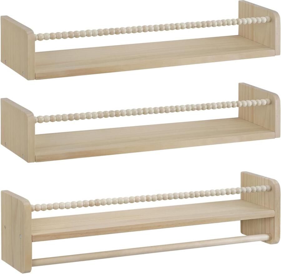 Zwevende boekenplanken voor kinderen set van 3 wandgemonteerde kinderboekenplank 60 cm massief houten wandplank voor kinderkamerdecoratie kleine zwevende planken met kralen
