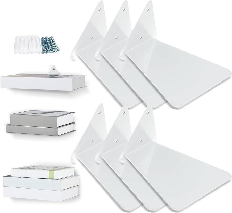 Zwevende driehoekige boekenplank van ijzer voor thuis en kantoor Witte multifunctionele boekenkast met onzichtbare planken-wanddecoratie Bibliotheekopslag met 6 planken
