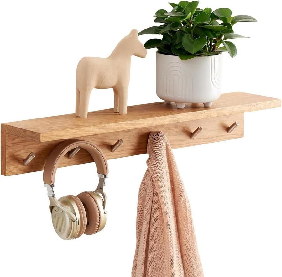 Zwevende Eiken Planken met Haken 50cm Massief Houten Wandplank Kapstokhaken Wandmontage Displayplank Entree Slaapkamer Woonkamer Wasruimte 70cm 6Haken