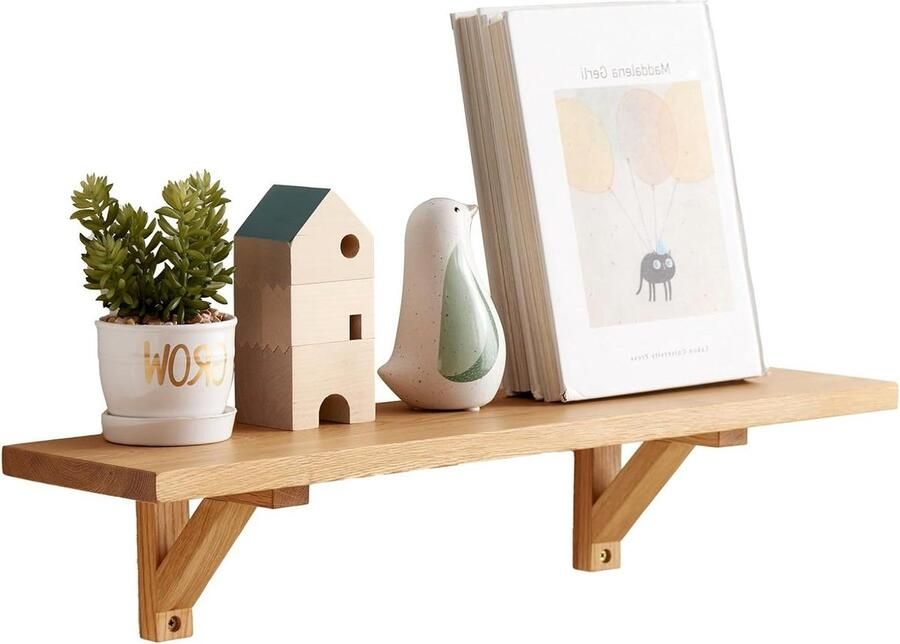 Zwevende Eikenhouten Wandplank 60 cm Massief Eiken Decoratieve Plank Driehoekige Beugels Slaapkamer Woonkamer Keuken Wandplanken & -rekken