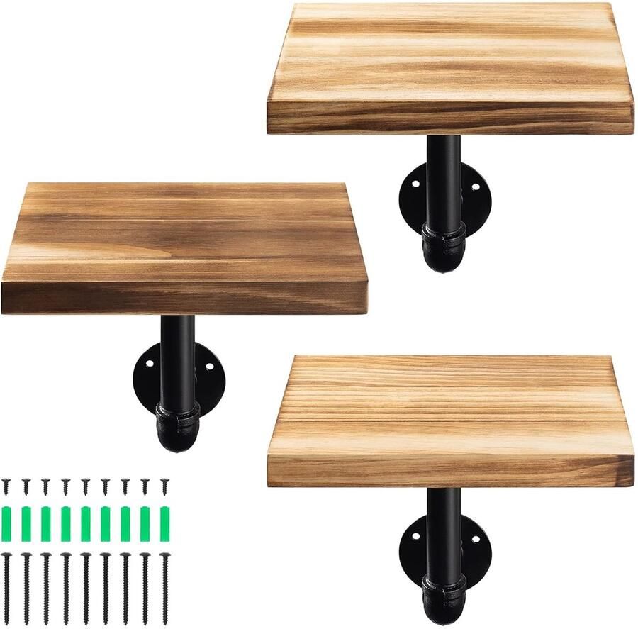 Zwevende Houten Planken Industrieel Design Set van 3 Massief Hout