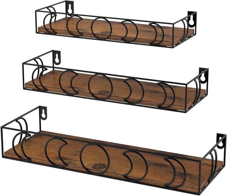 Zwevende houten planken met maanfasen decoratie set van 3 zwart praktische opslag