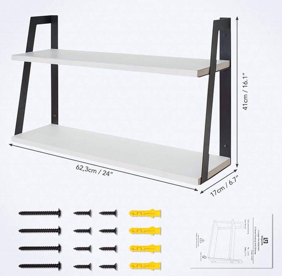 Zwevende Houten Wandplank 2-Laags Industrieel en Rustiek Geschikt voor Keuken Woonkamer Slaapkamer Kinderkamer en als Muurdecoratie Massief Hout en Staal Wit