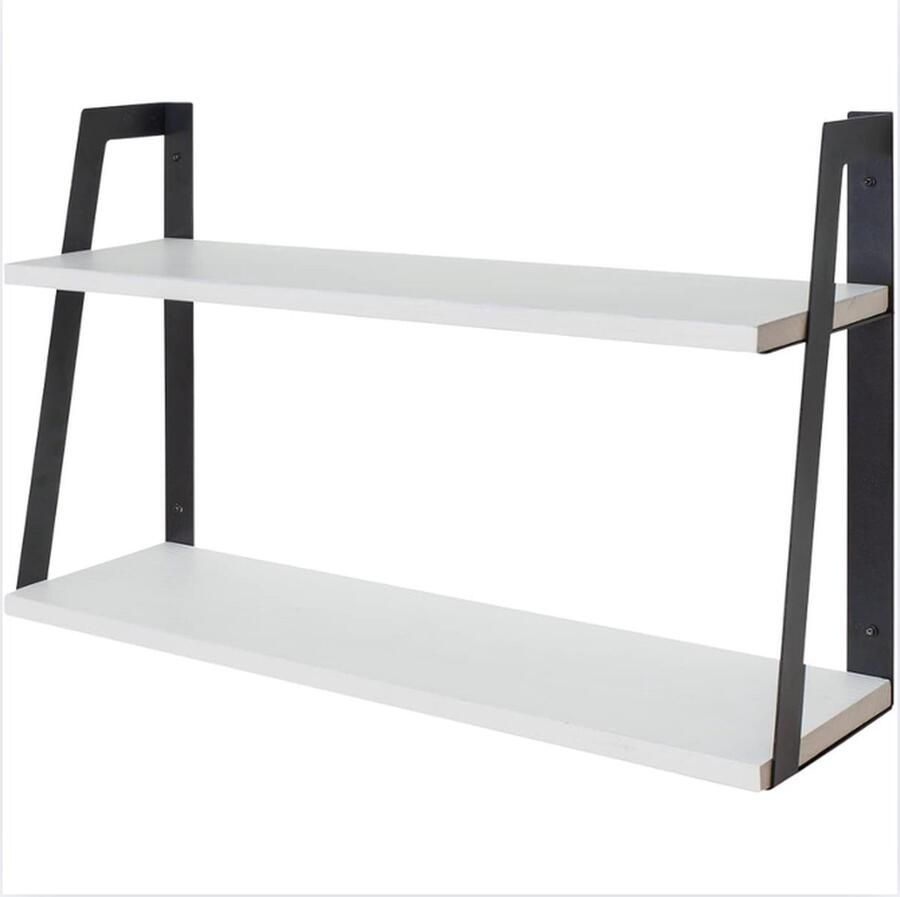 Zwevende Houten Wandplank 2-laags Industrieel en rustiek Geschikt voor keuken woonkamer slaapkamer kinderkamer en als wanddecoratie Massief hout en staal Wit