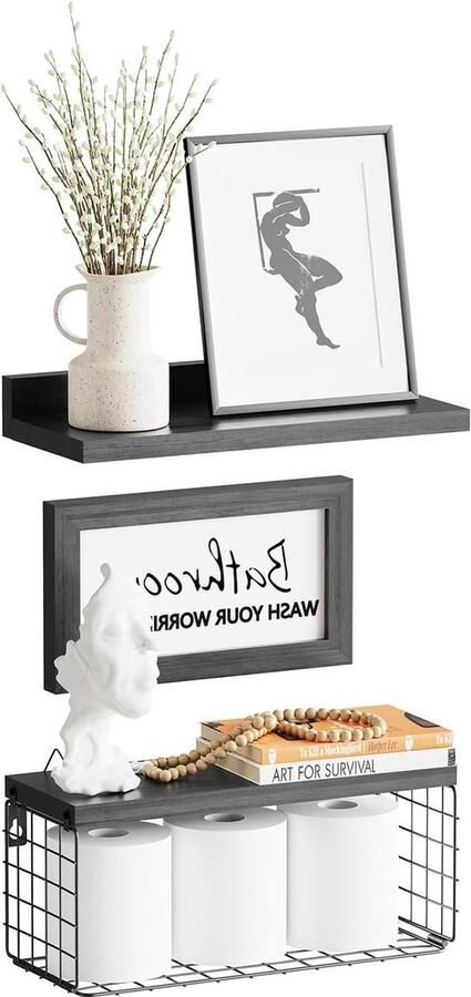 Zwevende houten wandplank 40 cm rek zonder boren voor slaapkamer wandplanken voor badkamer woonkamer keuken thuiskantoor bijkeuken 2 + 1 + 1 stuk (zwart) Wandplanken & -rekken