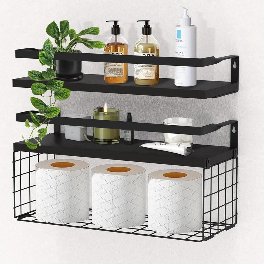 Zwevende Houten Wandplank Industrieel Design 40 cm Zwart Hout en Metaal