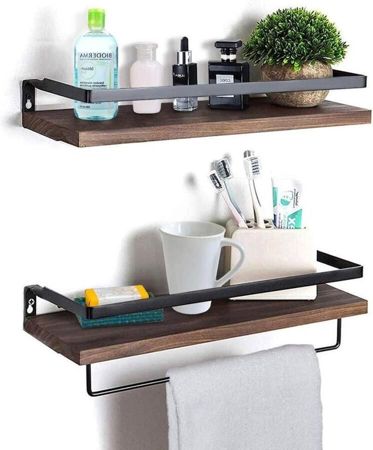 Zwevende houten wandplank met handdoekenhouder Rustieke opbergplanken Woonkamer Slaapkamer Hal Badkamer Set van 2 Donkerbruin bathroom shelf wood