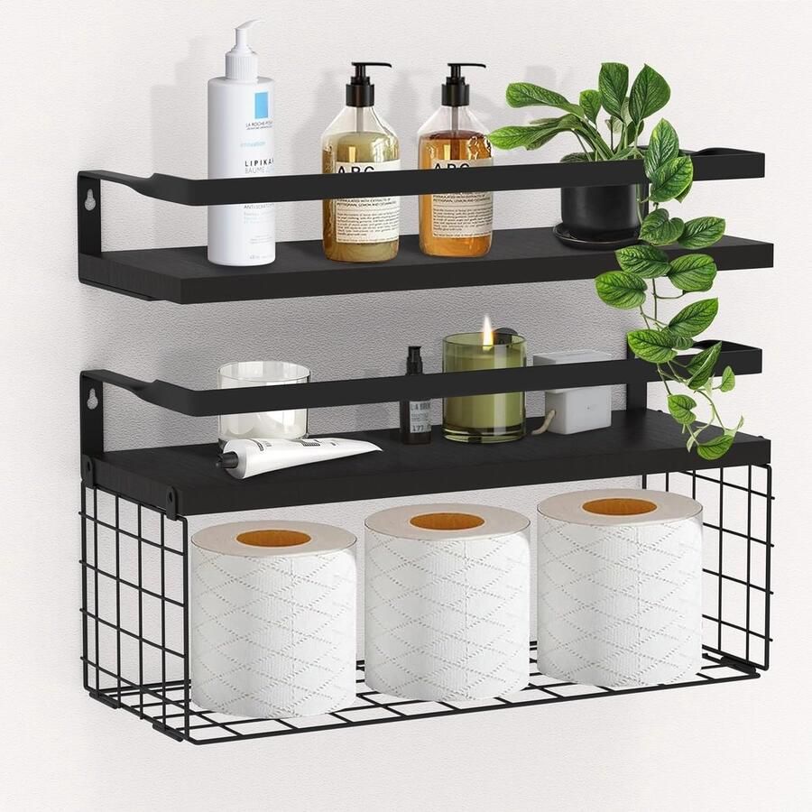 Reken Set van 2 zwevende houten wandplanken in zwart met metalen mand stabiel wandrek voor badkamer woonkamer slaapkamer hal 40 cm